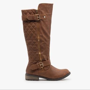 Brown Faux Leather Quilted Riding Boots